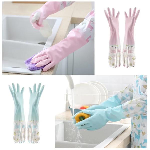 Dish Cleaning Gloves with Warm Velvet Lining Waterproof Long Rubber Gloves for Winter Home Use