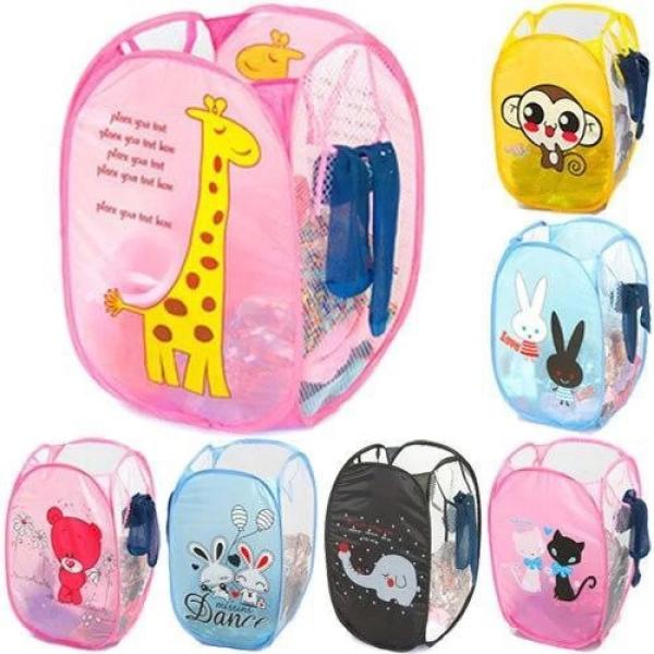 Folding Cartoon Laundry Basket - Pop-Up Dirty Clothes Hamper and Kids Toy Storage Organizer